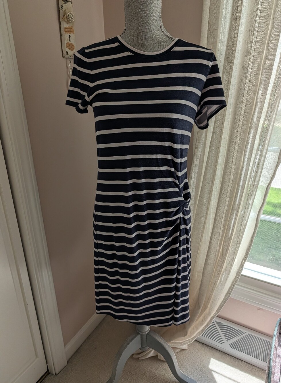 Banana Republic Navy and White Striped Short-Sleeve Knot-Side Dress